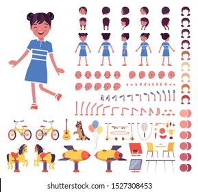 Girl child 7, 9 year old, school age black kid construction set, active schoolgirl in summer wear, fun and activities creation elements to build own design. Vector illustration