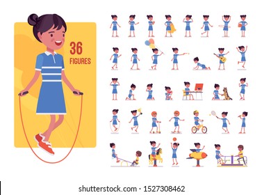 Girl Child 7, 9 Year Old, School Age Black Kid Character Set. Schoolgirl, Active Guy In Summer Wear, Fun, Entertainment Playing On Playground. Full Length, Different View, Gestures, Emotions And Poses