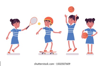 Girl child 7, 9 years old, female black school kid sport activity. Happy schoolgirl playing basketball, tennis game, skateboarding. Vector flat style cartoon illustration isolated on white background