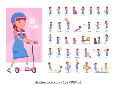 Girl child 7, 9 years old, school age kid character set. Schoolgirl, active lady in summer wear, fun and entertainment playing on playground. Full length, different views, gestures, emotions and poses