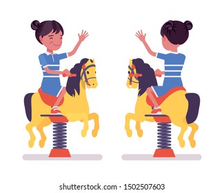Girl child 7, 9 yo school black kid, horse spring rider. Active schoolgirl and bouncy pony fun, entertainment playing on playground. Vector flat style cartoon illustration isolated, white background