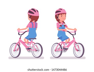 Girl child 7-9 year old, school age kid riding a bicycle. Active schoolgirl cyclist enjoys biking, recreation and sport activity. Vector flat style cartoon illustration isolated on white background