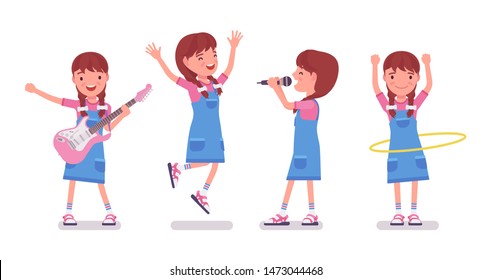 Girl child 7-9 years old, female school age kid entertainment. Happy schoolgirl has pleasure, delight with singing, guitar playing. Vector flat style cartoon illustration isolated, white background