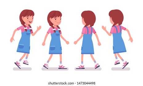 Girl child 7-9 years old, active female school age kid running, walking. Schoolgirl enjoying summer activity. Vector flat style cartoon illustration isolated, white background, front and rear view