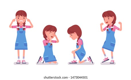 Girl child 7-9 years old, negative female school age kid. Unhappy angry schoolgirl crying, feeling hurt and upset with bullying. Vector flat style cartoon illustration isolated on white background