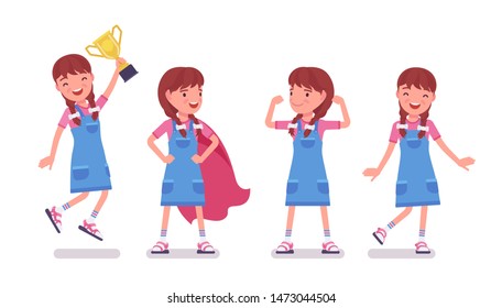 Girl child 7-9 years old, positive female school age kid. Happy strong schoolgirl with prize enjoying trophy, sport achievements. Vector flat style cartoon illustration isolated on white background