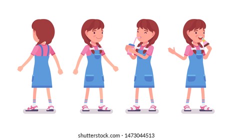 Girl child 7-9 years old, active female school age kid standing, drinking soda water, enjoy eating icecream. Vector flat style cartoon illustration isolated on white background, front and rear view