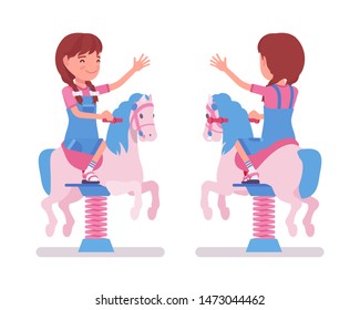 Girl child 7-9 yo school age kid, horse spring rider. Active schoolgirl enjoys bouncy pony fun, entertainment playing on playground. Vector flat style cartoon illustration isolated, white background