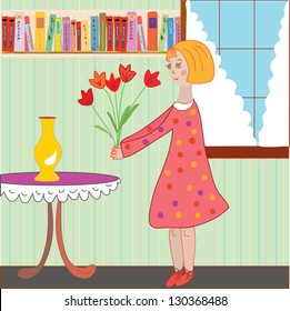 Girl child arranging flowers in the room cartoon