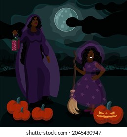 A girl and a child of a black woman dressed as witches for Halloween. A girl holds a lantern in her hand, a child holds a broom, pumpkins are lying on the road.There is a full moon in the background.