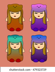 Girl child in a cap in the form of a cat, line drawing. gift tags, stickers and labels templates in vector. Back to school. illustration of multi colored clouds over bright background. school sticker
