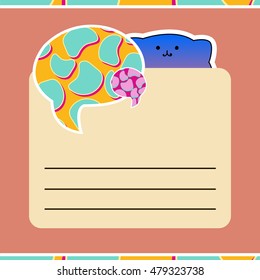 Girl child in a cap in the form of a cat, line drawing. gift tags, stickers and labels templates in vector. Back to school. illustration of multi colored clouds over bright background. school sticker
