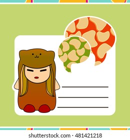 Girl child in a cap in the form of a cat, line drawing. gift tags, stickers and labels templates in vector. Back to school. illustration of multi colored clouds over bright background. school sticker.