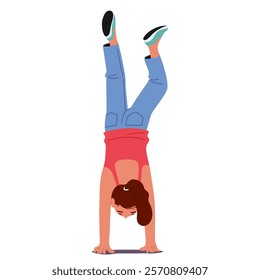 Girl child cartoon character balancing body holding hand upside down pose isolated on white background. Young female gymnast demonstrating physical endurance and strength vector illustration