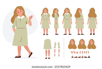 Girl child character constructor for animation. Front, side and back view set. Body parts, postures, poses collection. Vector illustration.