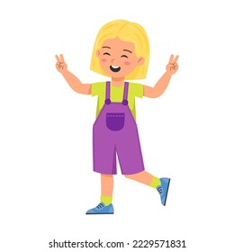 Girl child cheerfully runs and shows sign of peace on fingers cartoon vector. Small little kids face expression. Schoolgirl children moods. Expressive for emotions or feelings concept