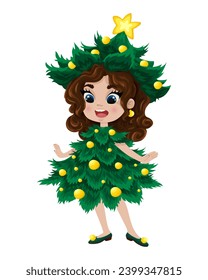 girl child in costume decorating Christmas tree character vector on white isolated style