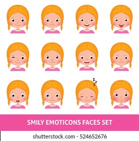 Girl child cute emoji, set smily emoticons faces vector illustration