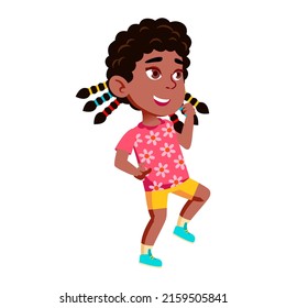 Girl Child Dancer Performing National Dance Vector. African Preschool Kid With Stylish Hairstyle Perform Traditional Dance On Celebrative Party. Character Energy Movement Flat Cartoon Illustration