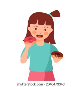 Girl child eating doughnuts in flat design on white background. Kids enjoy eating sweet dessert.