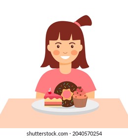 Girl child eating strawberry cake, chocolate doughnut and cupcake in flat design on white background. Kids enjoy eating sweet dessert.