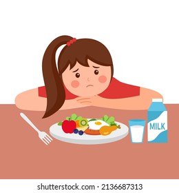 Girl child feel not hungry concept vector illustration on white background. Kids unable to eat. No appetite.