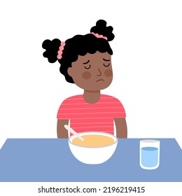 Girl Child Feel Not Hungry Concept Vector Illustration On White Background. Kids Doesn’t Want To Eat. No Appetite.