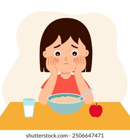 Girl child feel not hungry concept vector illustration on white background. Kids unable to eat. No appetite.