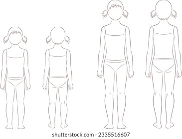 Niña de 6 y 10 años. Silhouette delantera y trasera. Cambios en las proporciones. Crecimiento infantil. Croquis de moda. Ilustración vectorial.