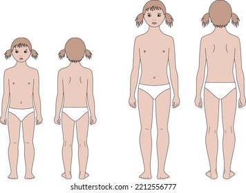 Girl child figure. Body proportions at 6 and 10 years old. Front and back. Kid silhouette. Croquis template for technical drawing Vector illustration.