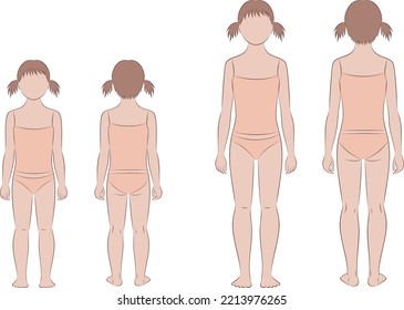 Girl child figure. Body proportions at 6 and 10 years old. Front and back. Children silhouette. Template for technical drawing. Vector illustration.