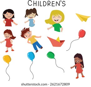 girl, child, fun, boy, children, kids set vector illustration. Good for banner, poster, greeting card, party card, invitation, template, advertising, campaign, and social media.