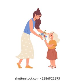 Girl child giving flowers bouquet to loving mother or favorite teacher, international woman day