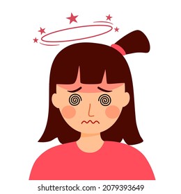 Girl Child Having Dizzy Symptom In Flat Design. Kids Feeling Vertigo Or Fainting. Dizziness Illness.