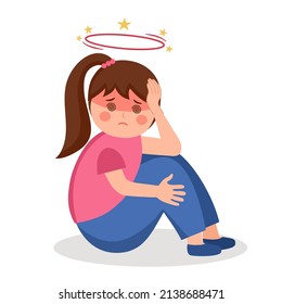 Girl Child Having Dizzy Symptom In Flat Design. Kids Feeling Vertigo Or Fainting. Dizziness Illness.