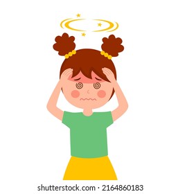 Girl Child Having Dizzy Symptom In Flat Design. Kids Feeling Vertigo Or Fainting. Dizziness Illness.