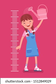 Girl at child height growth chart with watering can. Happy schoolgirl pouring water over her head to grow bigger, older and taller, kid developing into teenager. Vector flat style cartoon illustration