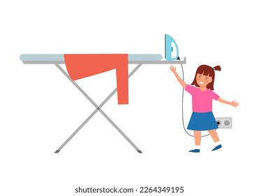 Girl child with hot iron in flat design on white background.