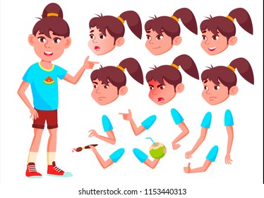 Girl, Child, Kid, Teen Vector. Beautiful. Youth, Caucasian. Face Emotions, Various Gestures. Animation Creation Set. Isolated Flat Cartoon Character Illustration