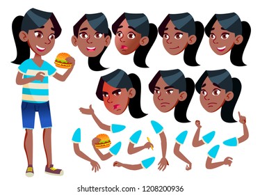 Girl, Child, Kid, Teen Vector. Black. Afro American. Leisure. Educational, Study. Face Emotions, Various Gestures. Animation Creation Set. Isolated Flat Cartoon Character Illustration
