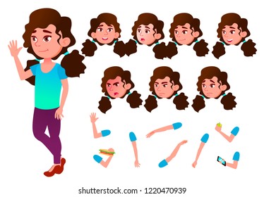 Girl, Child, Kid, Teen Vector. Schoolchild. Lecture. Face Emotions, Various Gestures. Animation Creation Set. Isolated Flat Cartoon Character Illustration