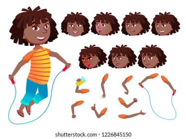 Girl, Child, Kid, Teen Vector. Black. Afro American. Teenager, Education. Face Emotions, Various Gestures. Animation Creation Set. Isolated Flat Cartoon Character Illustration
