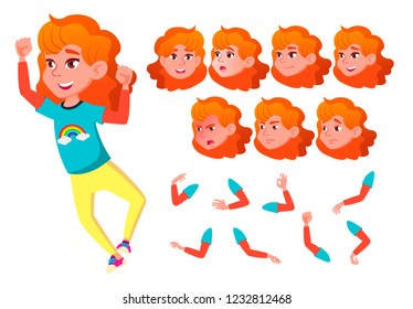 Girl, Child, Kid, Teen Vector. Smile. Cute. Happiness Enjoyment. Face Emotions, Various Gestures. Red Head. Animation Creation Set. Isolated Flat Cartoon Character Illustration
