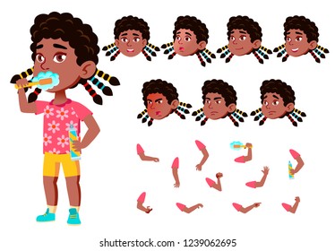 Girl, Child, Kid, Teen Vector. Black. Afro American. Active Cute. Cheer, Pretty. Face Emotions, Various Gestures. Animation Creation Set. Isolated Flat Cartoon Character Illustration
