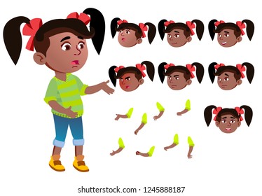 Girl, Child, Kid, Teen Vector. Black. Afro American. Beautiful. Youth, Caucasian. Face Emotions, Various Gestures. Animation Creation Set. Isolated Flat Cartoon Character Illustration
