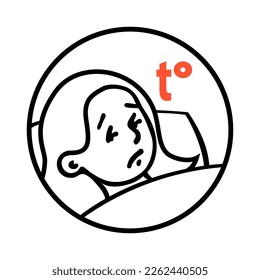 Girl child lies in bed with high temperature. Viral cold disease, a symptom of the disease. Pediatrics and treatment. Cartoon vector art illustration. Hand drawn outline sketch black and white