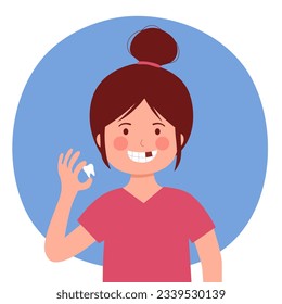 Girl child missing teeth in flat design. Dental health.