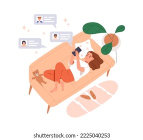 Girl child with mobile phone, chatting online, texting messages. Kid and remote communication with friends through internet, social media. Flat graphic vector illustration isolated on white background