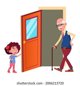 Girl Child Opening Door For Grandfather Vector. Polite Preteen Granddaughter Help Elderly Man And Open Door. Characters Good Manners And Helping Old People Flat Cartoon Illustration