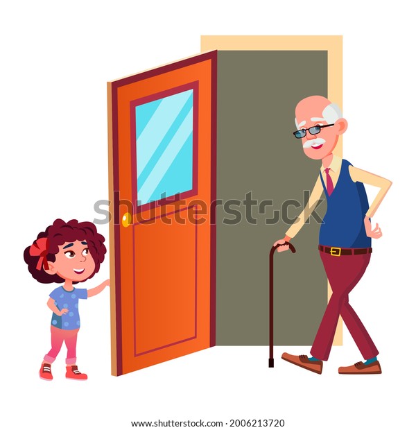 祖父のベクター画像の女の子のドアを開ける 礼儀正しい孫娘が年配の男性を助け ドアを開ける キャラクターがマナーを守り 老人を助ける平らな漫画のイラスト のベクター画像素材 ロイヤリティフリー